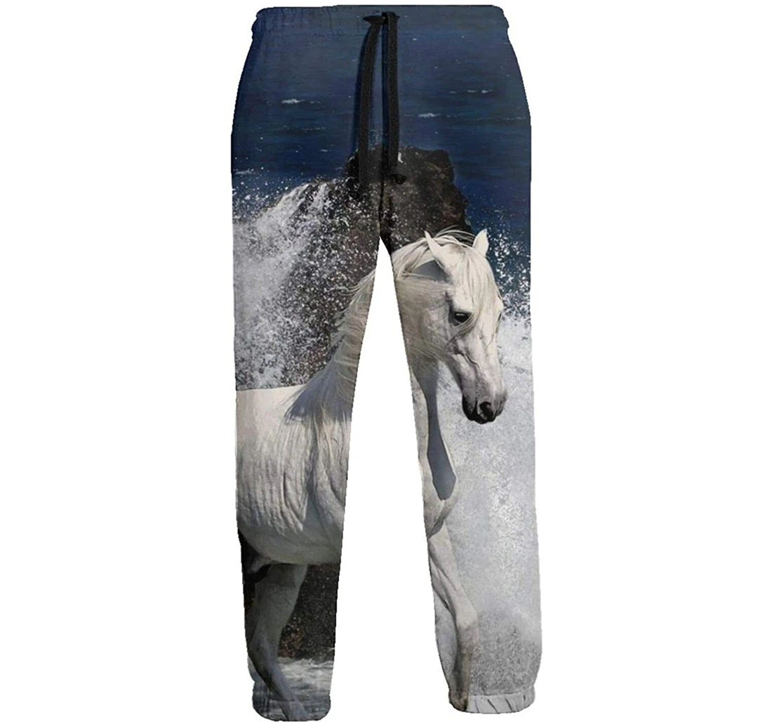 Personalized Elegant White Horse Soft Pant Waist Sweatpants, Joggers Pants With Drawstring For Men, Women