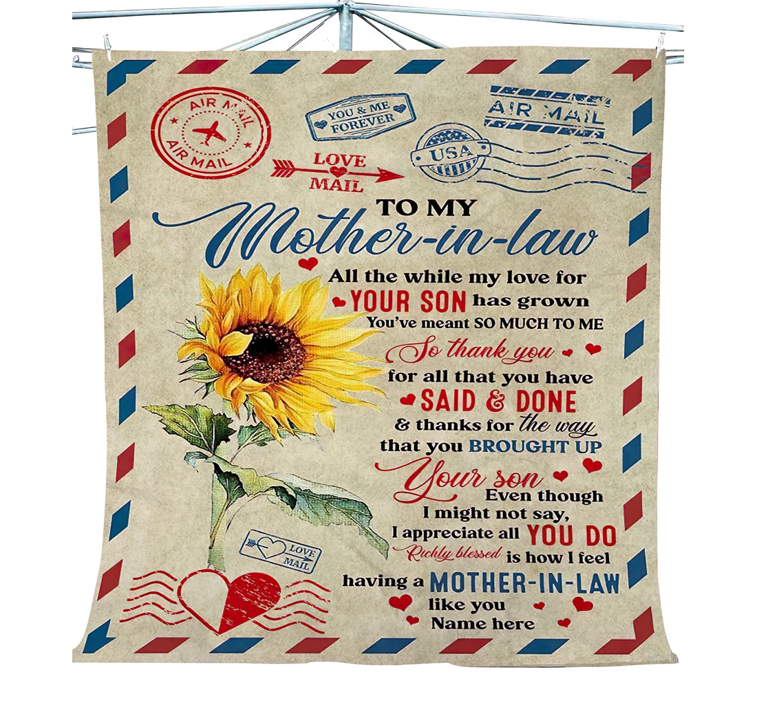 Throw Blanket, Quilt - Letter Love Quote Sunflower Personalized Gift Mother-in-law Sherpa Fleece