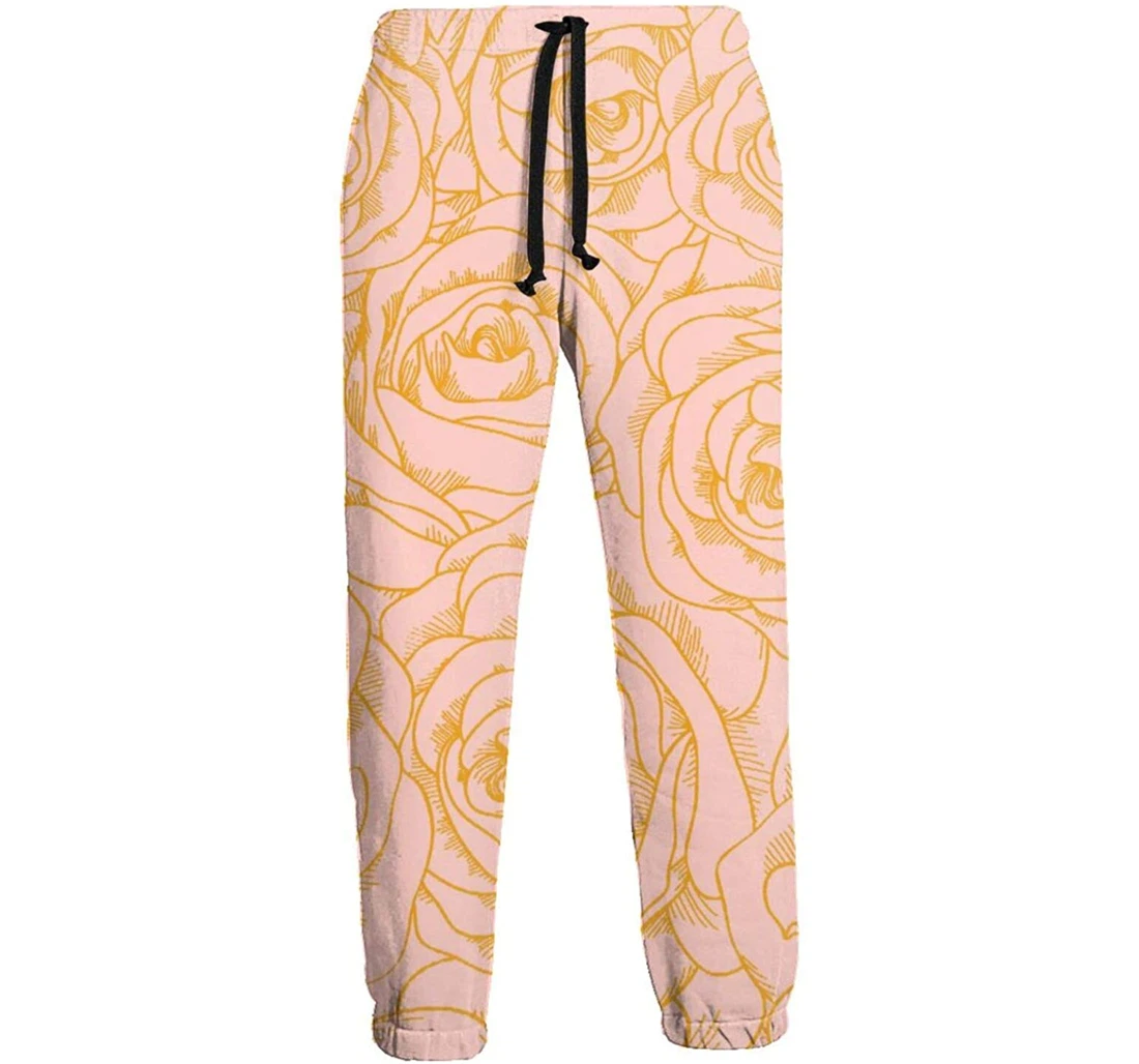 Personalized Pink Roses Gold Line Running Casual For Sweatpants, Joggers Pants With Drawstring For Men, Women