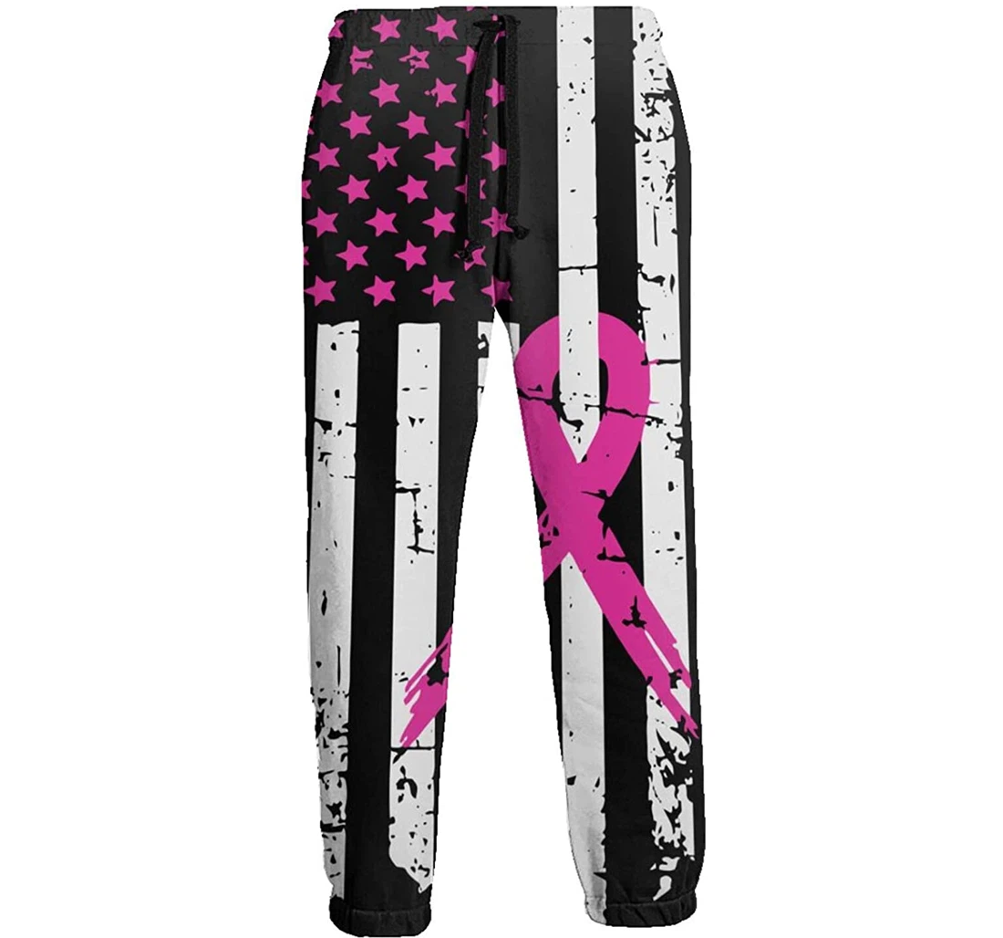 Personalized Pink Ribbon Breast Cancer Flag Loose Long Sweatpants, Joggers Pants With Drawstring For Men, Women