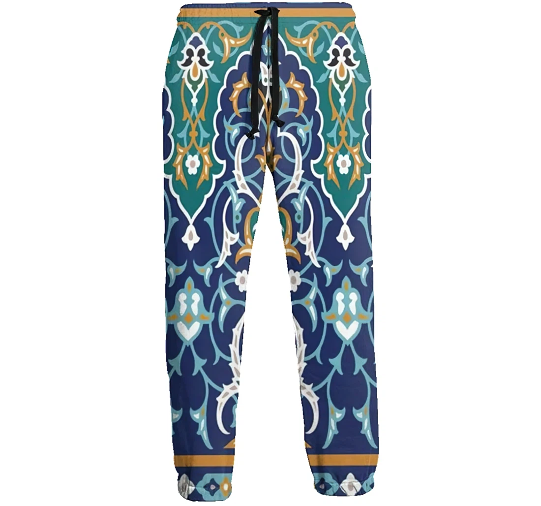 Personalized Elastic Waist Ethnic Blue Flower Pattern For Gym Training Sweatpants, Joggers Pants With Drawstring For Men, Women