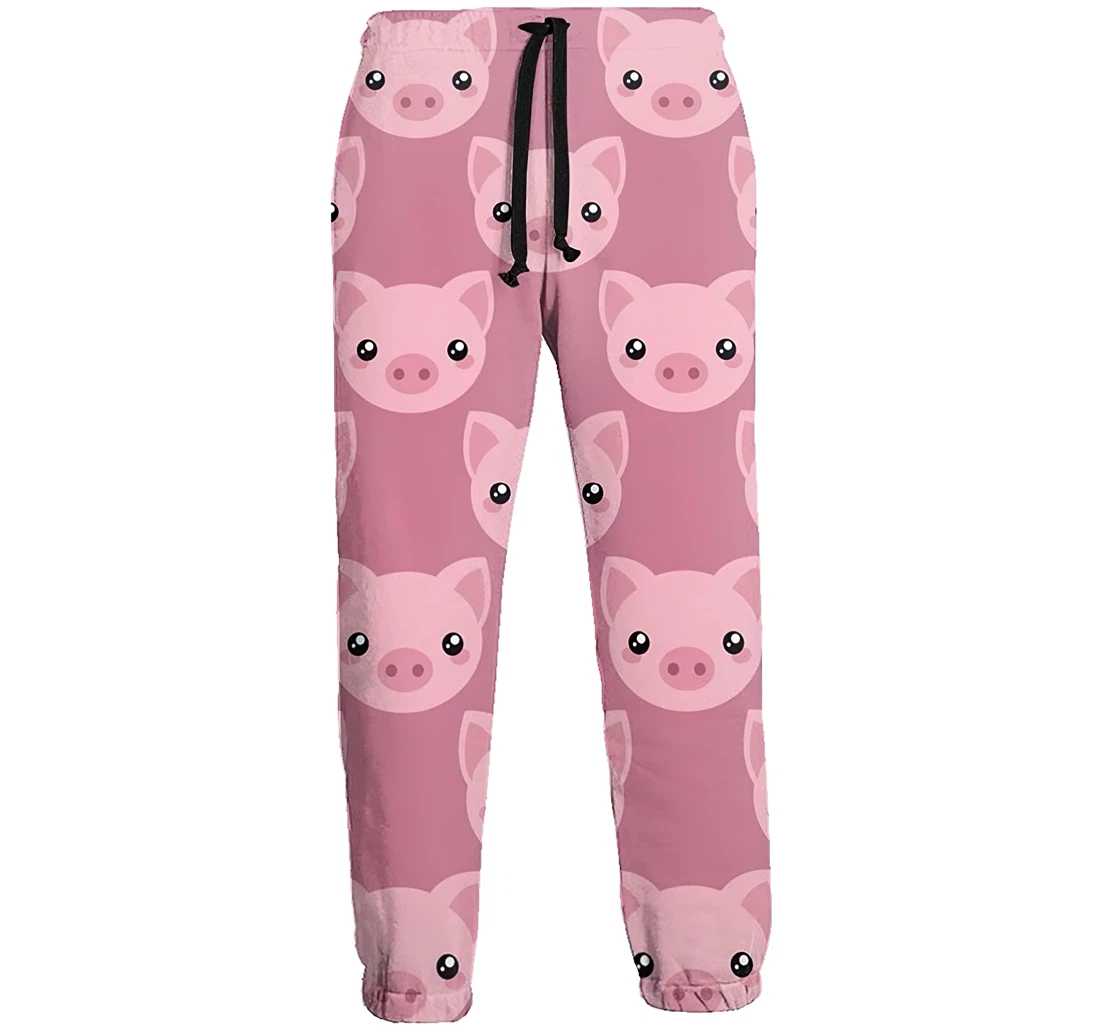 Personalized Pink Cute Pig Face Loose Long Sweatpants, Joggers Pants With Drawstring For Men, Women