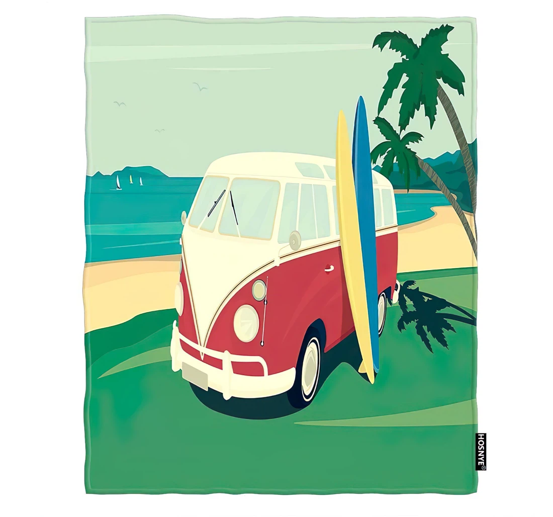 Throw Blanket, Quilt - Beach Cold Surfer Red Bus With Two Surfboards Palm Trees And Blue Ocean Behind Car Sherpa Fleece