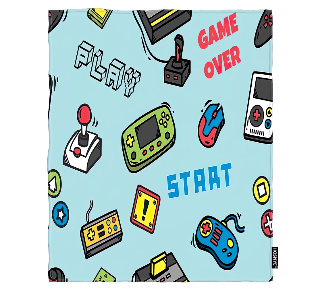 Throw Blanket, Quilt - Gamer Devices Baby Kids Video Game Backdrop Button Cartridge Controller Design Car Sherpa Fleece