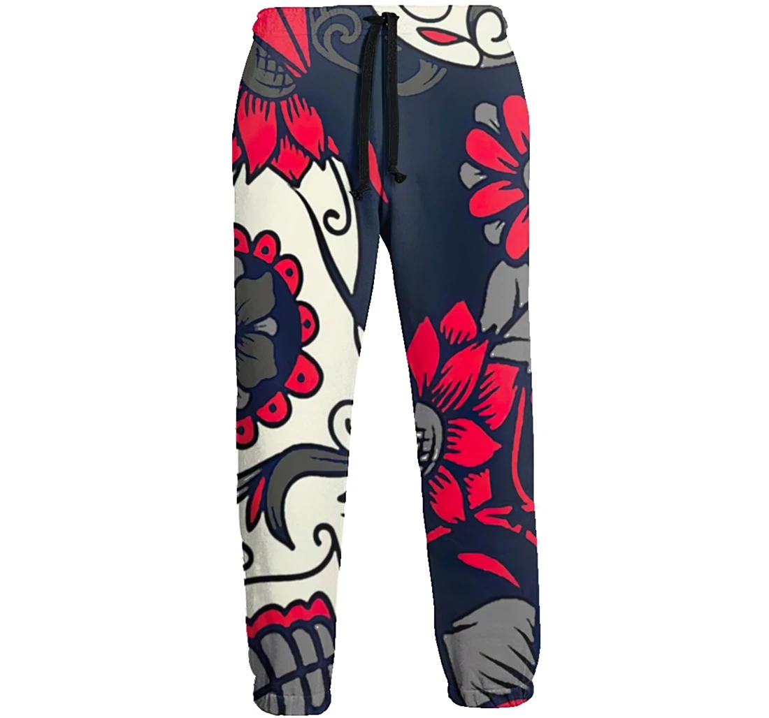 Personalized Candy Skull Red Flowers Sweat Hip Hop Garment Spring Sweatpants, Joggers Pants With Drawstring For Men, Women