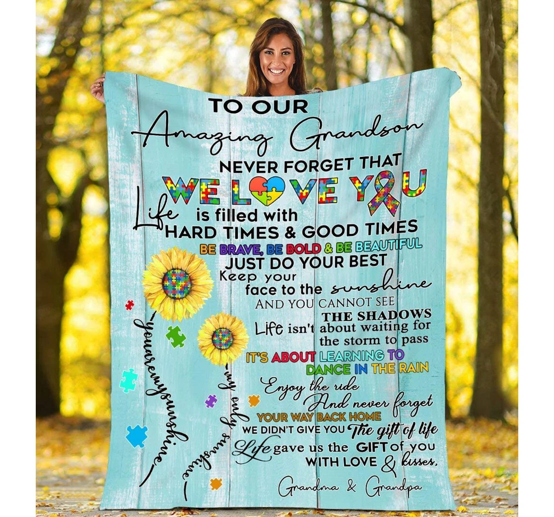 Throw Blanket, Quilt - Unique Gifts To Our Amazing Autism Grandson 3d Printed With Meaningful Quotes On It Sentimental Gifts From Grandma And Grandpa Sherpa Fleece