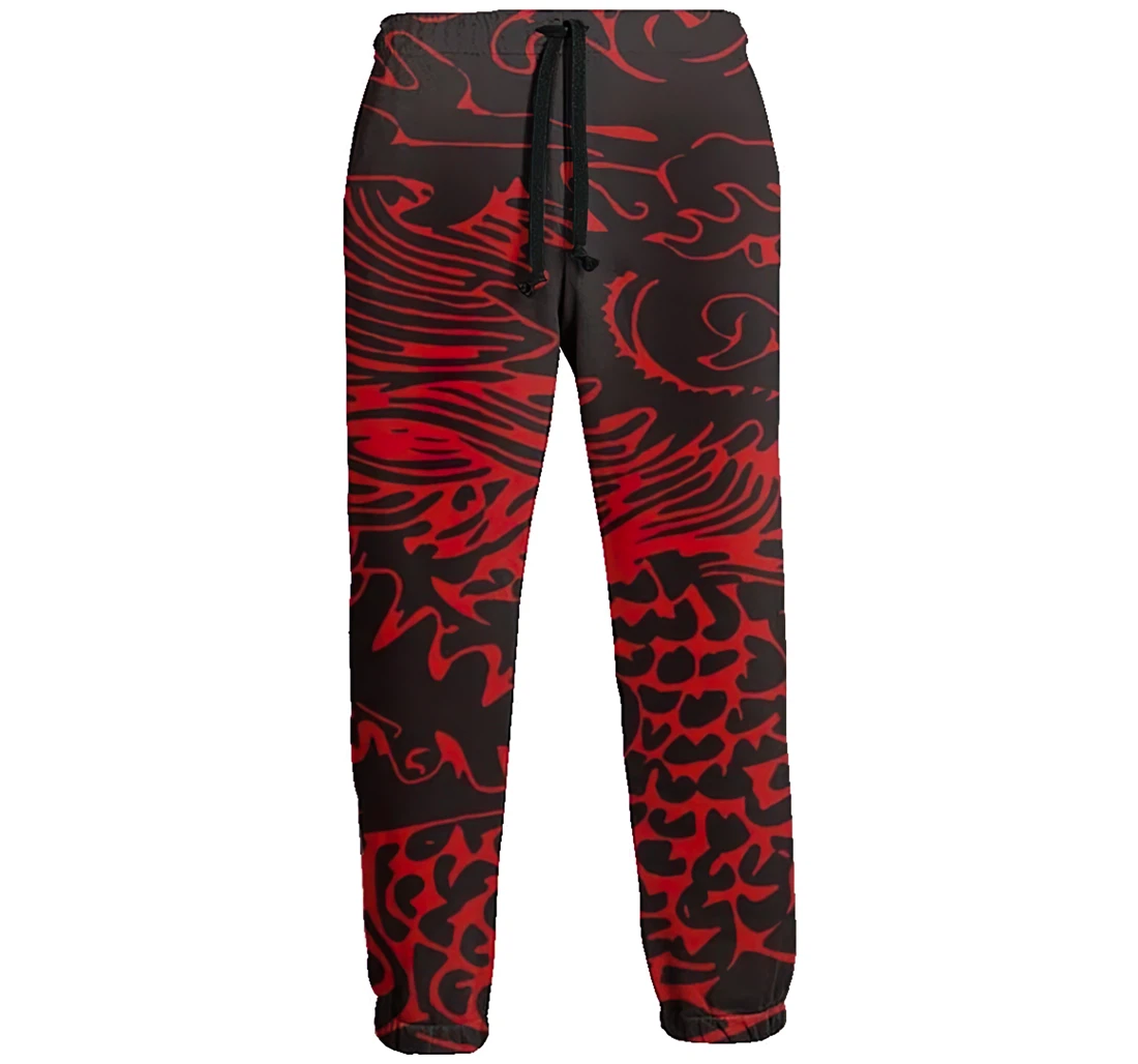 Personalized Chinese Dragon Red Casual Sweatpants, Joggers Pants With Drawstring For Men, Women