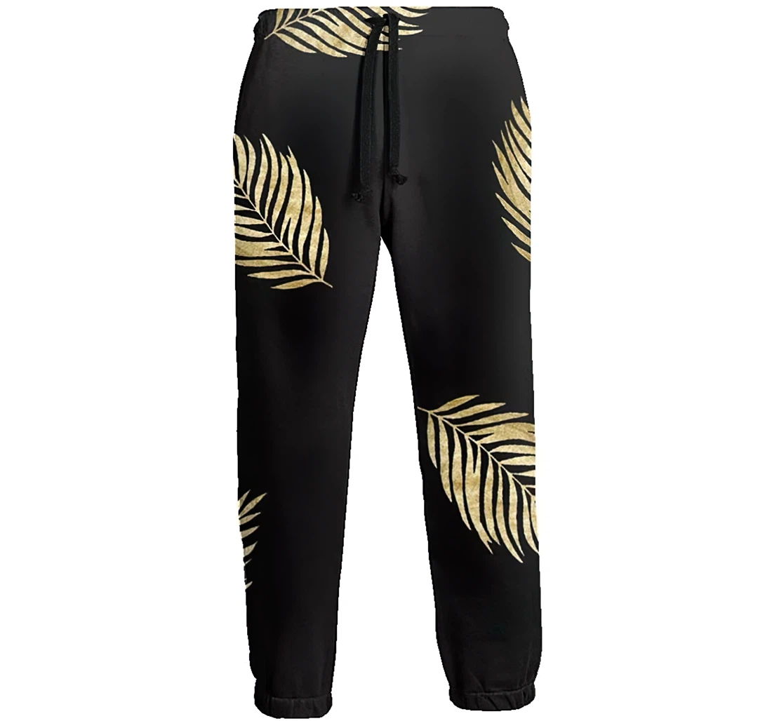 Personalized Black Pattern Gold Branches Menâ€s Soft Pant Waist Sweatpants, Joggers Pants With Drawstring For Men, Women