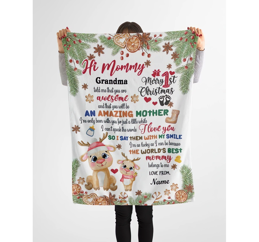 Throw Blanket, Quilt - Personalized Reindeer New Mom From Baby And Grandma Custom Name Print Cute Xmas Reindeer Light Weight Bedroom Gifts Sherpa Fleece