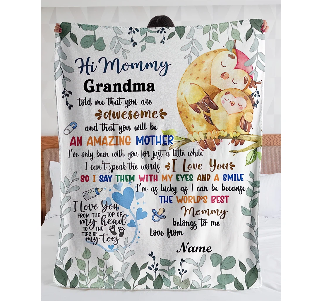 Throw Blanket, Quilt - Personalized Hi Mommy Catbird New Mom From Baby And Grandma Customized Cute Catbirds Bedroom Gifts First Autumn Sherpa Fleece