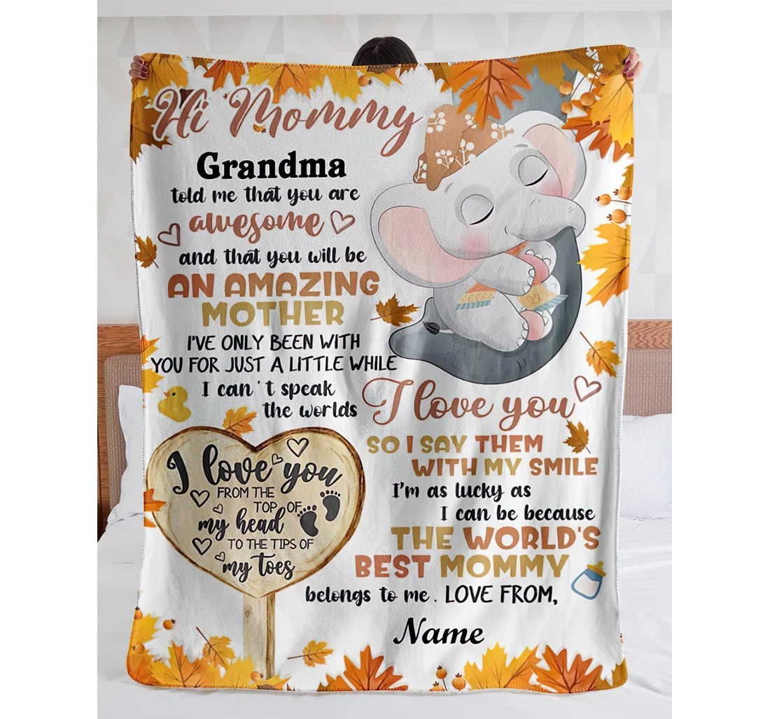 Throw Blanket, Quilt - Personalized Hi Mom Baby Elephant Mommy From Baby Bump Customized Cute Elephant Bedroom Gifts First Autumn Sherpa Fleece