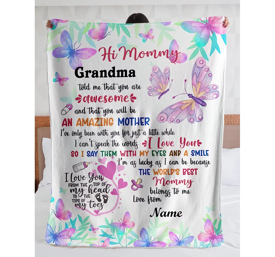 Throw Blanket, Quilt - Personalized Hi Mommy Butterfly New Mom From Baby And Grandma Customized Pink Butterflies Bedroom Gifts Autumn Sherpa Fleece