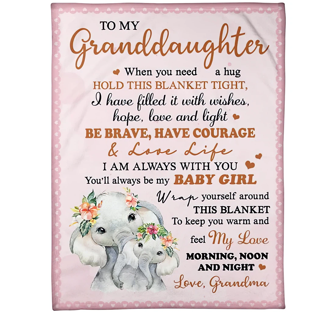 Throw Blanket, Quilt - Personalized To My Granddaughter Elephant Pink Girl From Grandma Custom Name Print Cute Elephants Bedroom Gifts Sherpa Fleece