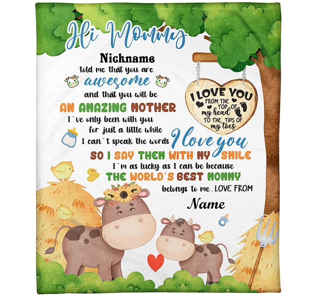 Throw Blanket, Quilt - Personalized Hi Mommy Cow New Mom From Baby And Grandma Customized Cute Cows And Tree Bedroom Gifts Autumn Sherpa Fleece