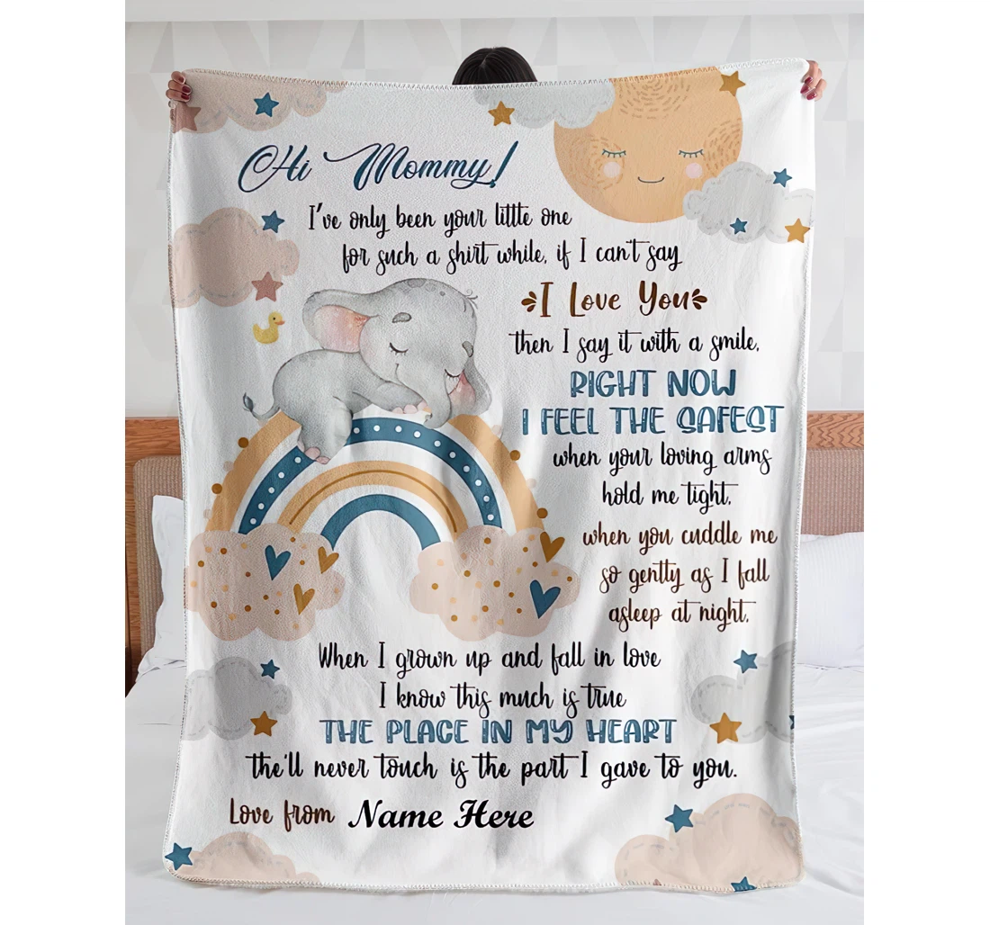 Throw Blanket, Quilt - Personalized Hi Mommy Baby Elephant New Mom From Baby Bump Customized Cute Elephant Rainbow Bedroom Gifts Autumn Sherpa Fleece