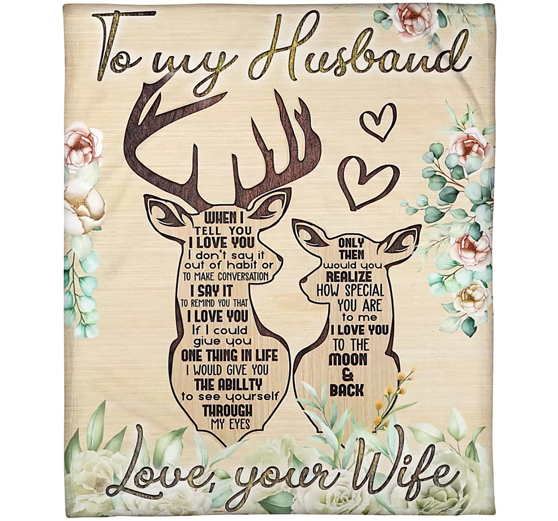 Throw Blanket, Quilt - Personalized Reindeer Couple To My Husband From Wife Custom Name Rustic Floral Deer Couple Art Print Bedding Gifts Valentines Sherpa Fleece