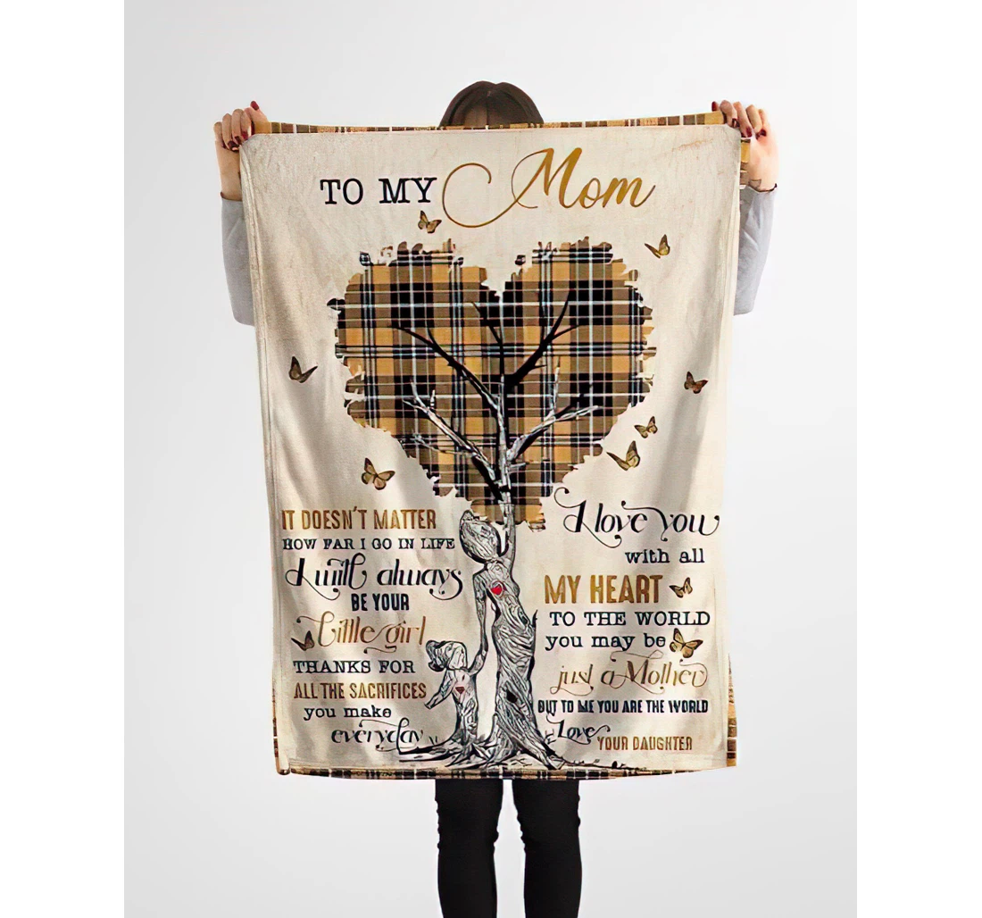 Throw Blanket, Quilt - Personalized Xmas To My Mom Love Daughter Custom Name Bedding Tree Heart Plaid With Butterfly Art Print Funny Mother Gifts Xmas Sherpa Fleece