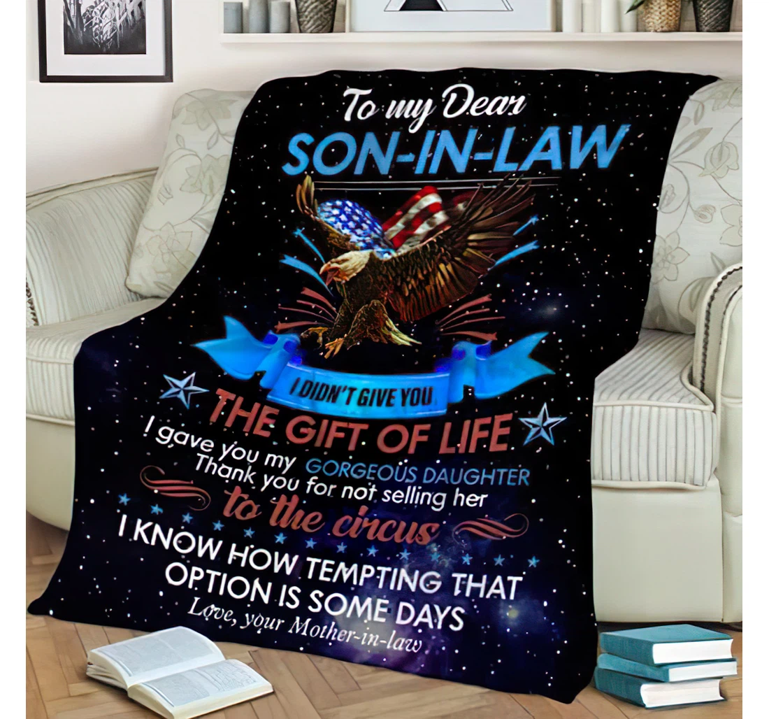 Throw Blanket, Quilt - Personalized To My Son In Law Eagle Family From Mother In Law Customized Baby Eagle American Flag Night Sky Gifts Sherpa Fleece