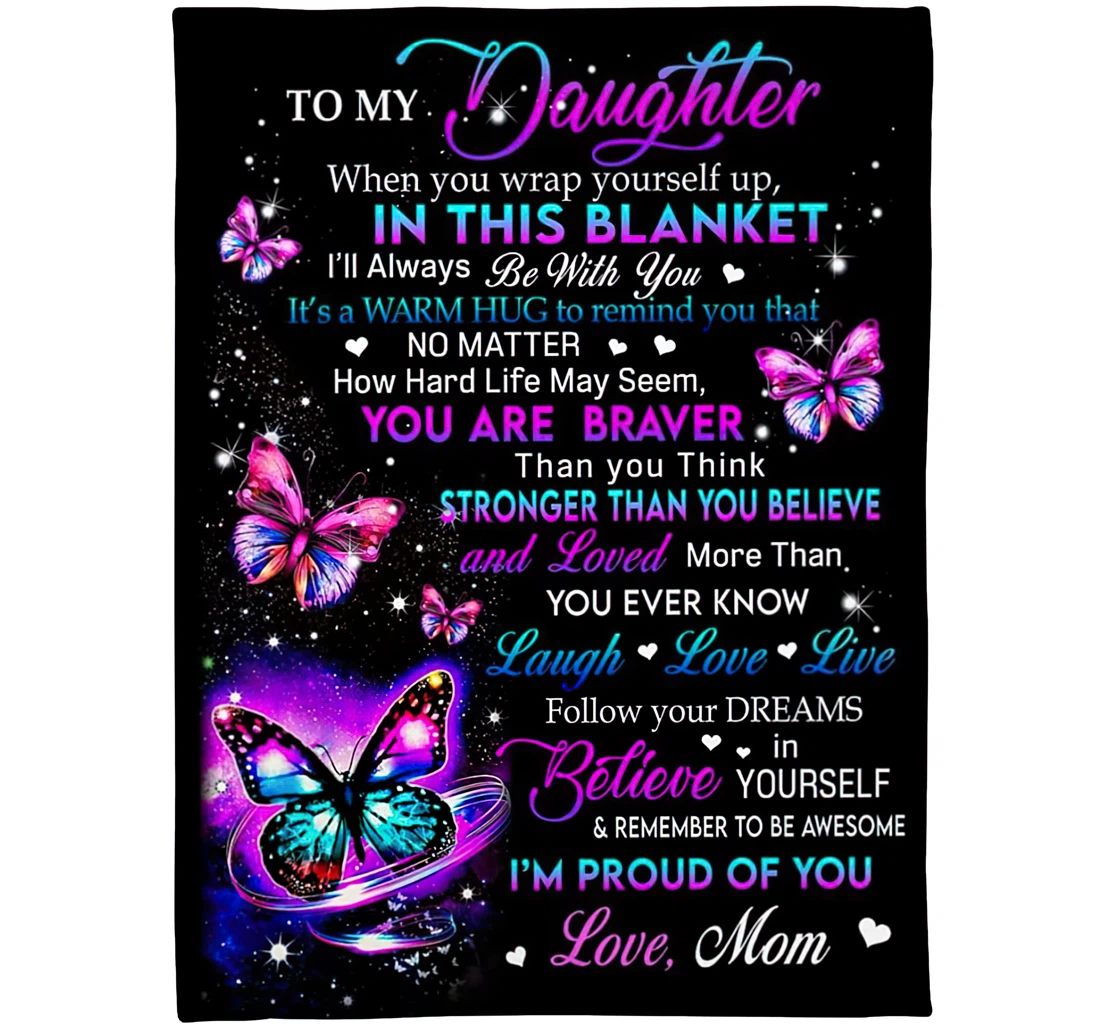 Throw Blanket, Quilt - Personalized To My Daughter Butterfly Family From Mom Customized Bling Butterflies Flying Night Sky Black Gifts Sherpa Fleece