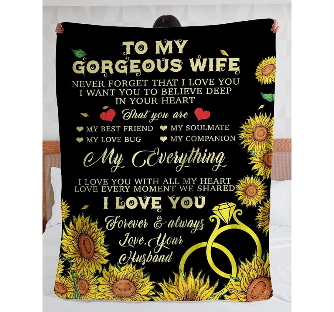 Throw Blanket, Quilt - Personalized To My Gorgeous Wife From Husband Custom Name That You Are My Soulmate Companion Bestie Love Hug Quotes Ring Sunflower Design Gifts Sherpa Fleece