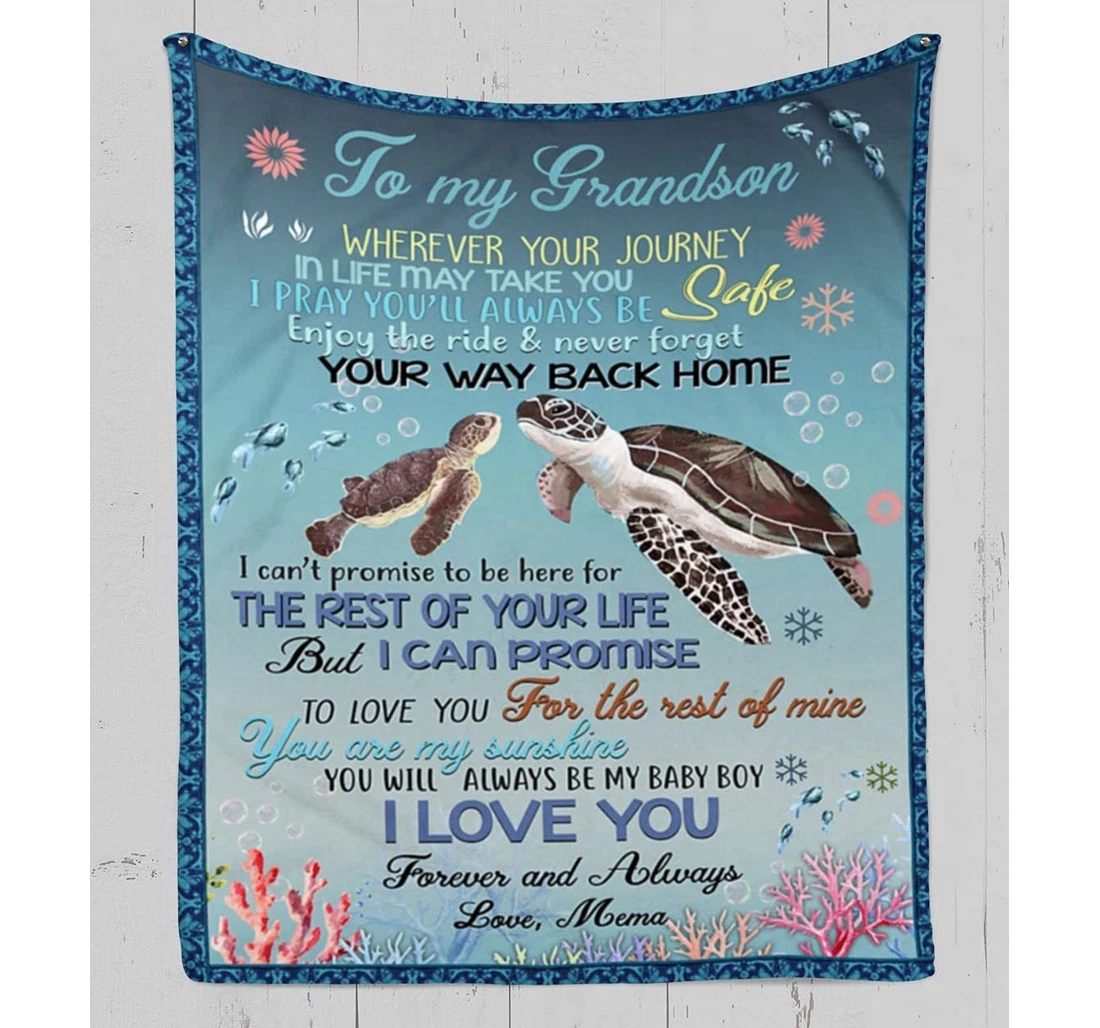 Throw Blanket, Quilt - Personalized Family To My Grandson From Grandma Customized Print Brown Turtle Swimming Queen Size Gifts Sherpa Fleece