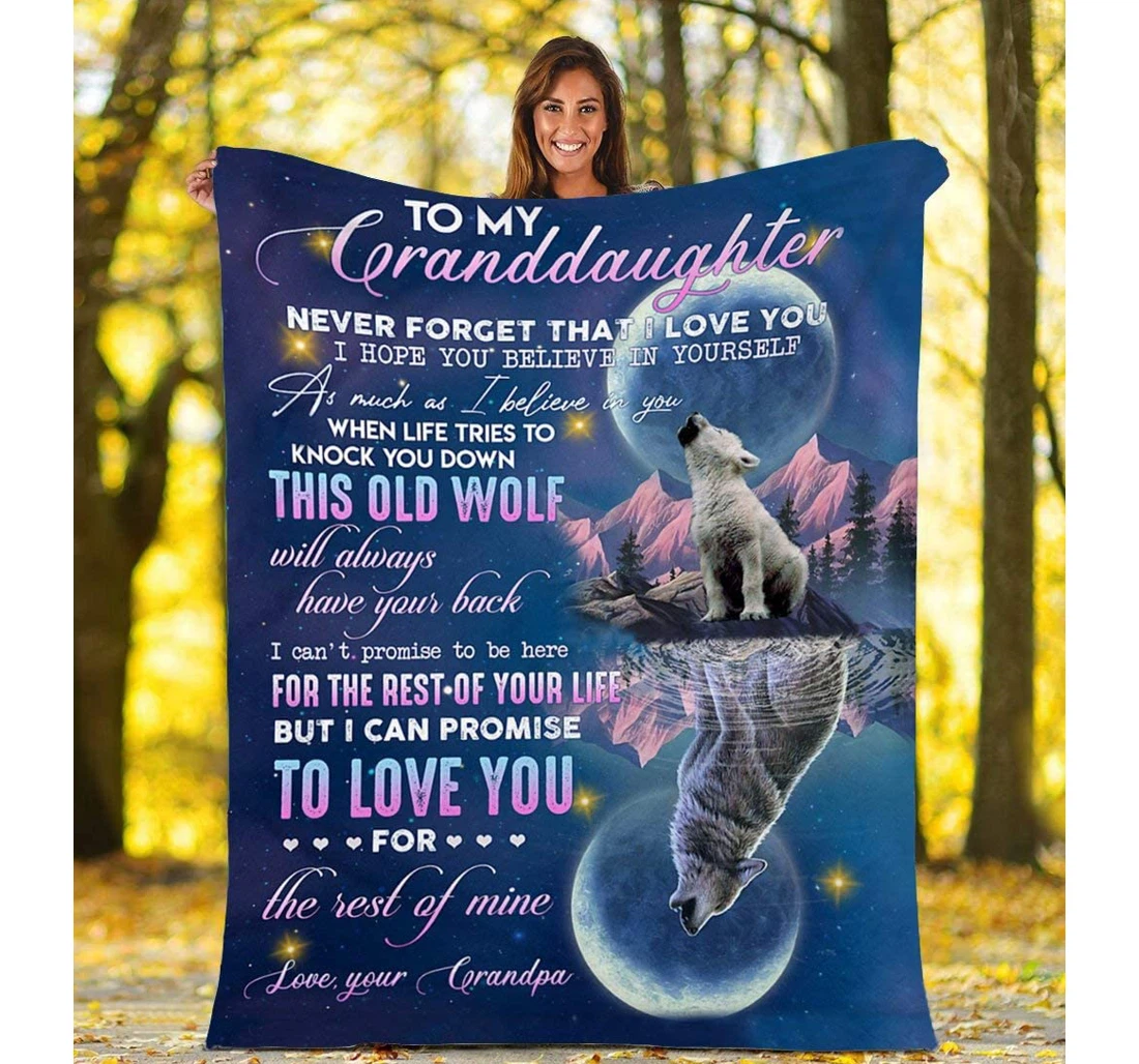 Throw Blanket, Quilt - Personalized Wolf Granddaughter From Grandpa Custom Name Print Wolf Howling Moon In The Dark Gifts Sherpa Fleece