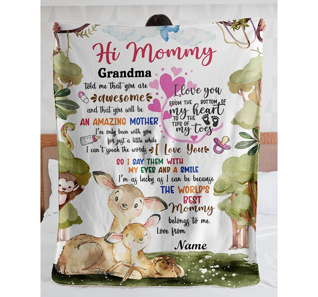 Throw Blanket, Quilt - Personalized Hi Mommy Deer New Mom From Baby And Grandma Customized Cute Deer In The Forest Bedroom Gifts Autumn Sherpa Fleece