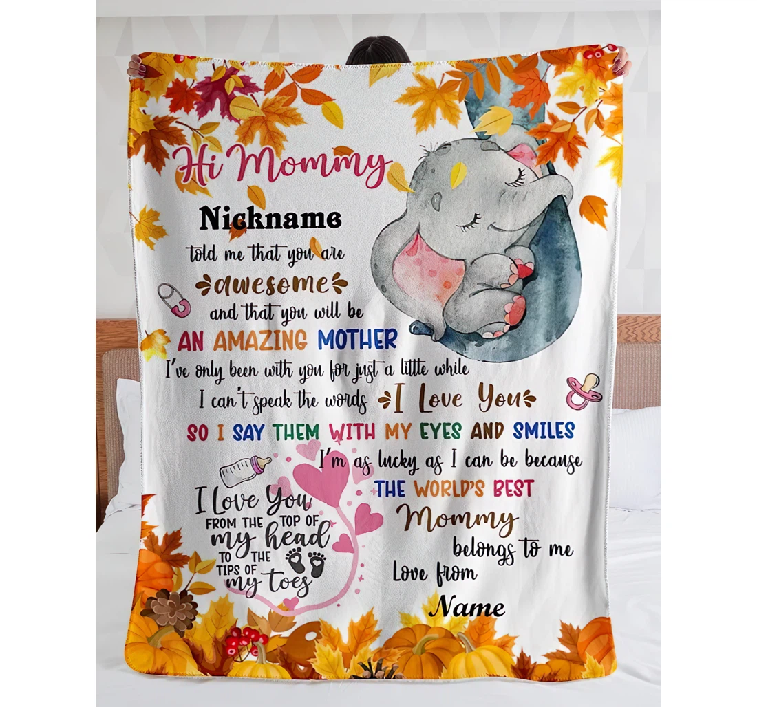 Throw Blanket, Quilt - Personalized Hi Mommy Baby Elephant Mom From Baby Bump Customized Cute Elephant Sleep Bedroom Gifts First Autumn Sherpa Fleece