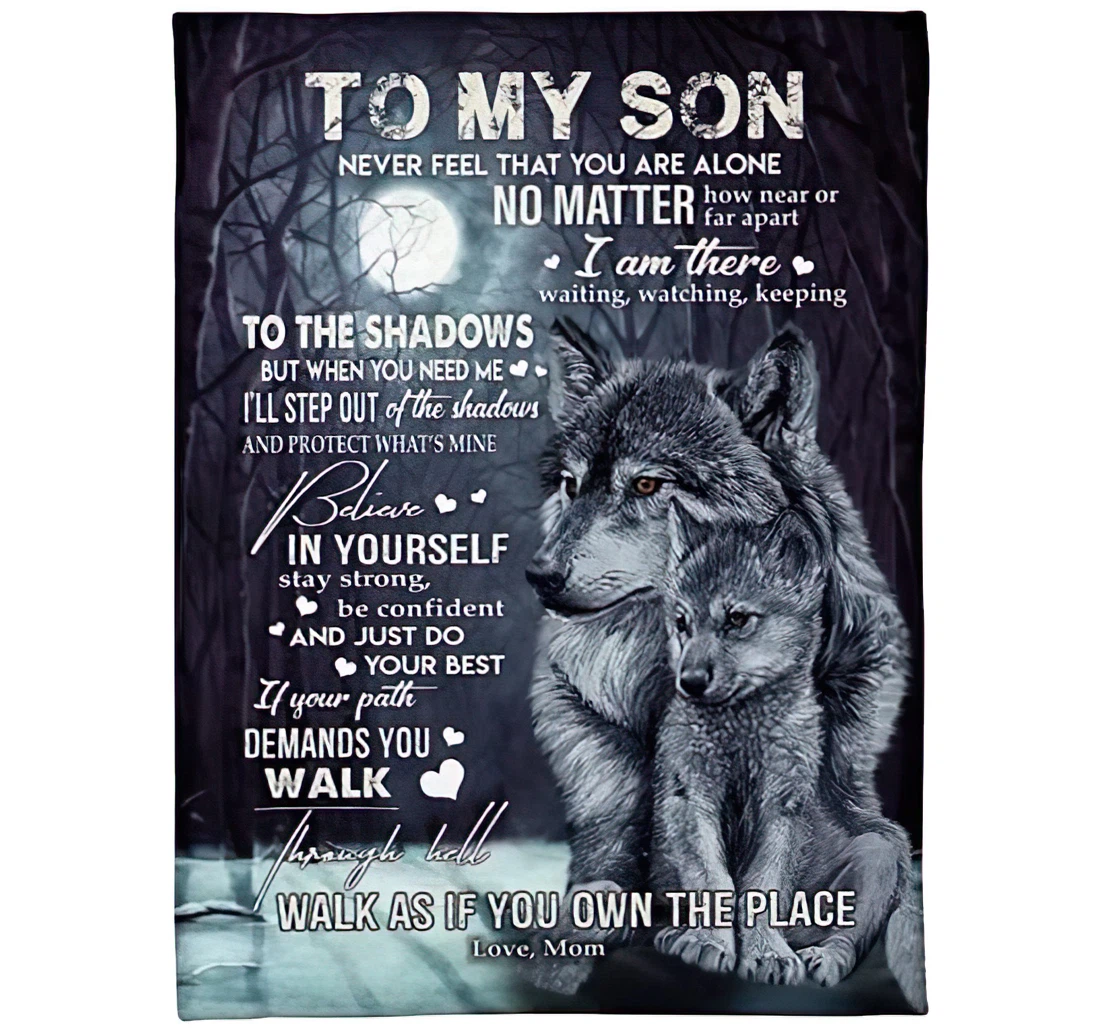 Throw Blanket, Quilt - Personalized To My Son Wolf Family From Mom Customized Grey Wolf Mother And Baby In The Forest Bedroom Gifts Sherpa Fleece