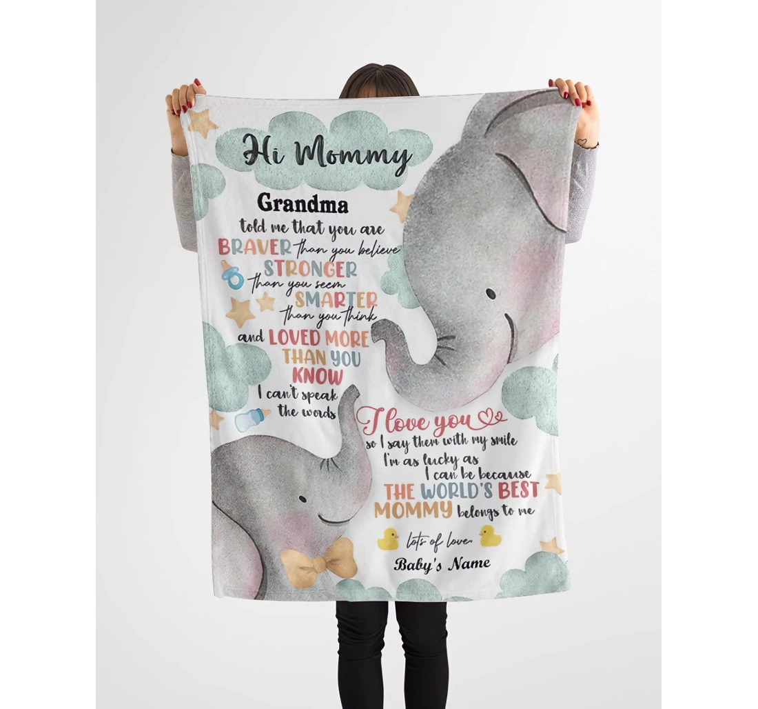 Throw Blanket, Quilt - Personalized Elephant Family Premium New Mom From Grandma And Baby Bump Custom Baby's Name Print Cute Elephants Bedroom Gifts Xmas Sherpa Fleece