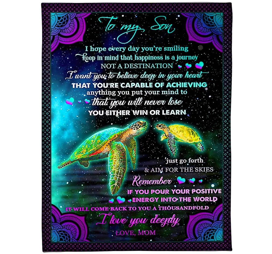 Throw Blanket, Quilt - Personalized Family To My Son From Mom Customized Print Green Turtle Galaxy Lotus Gifts Son Sherpa Fleece