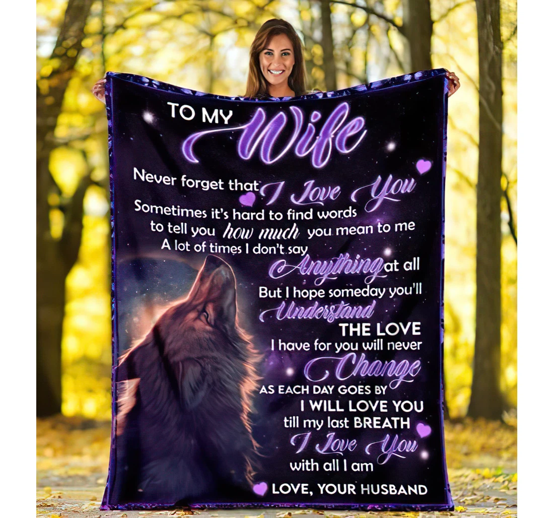 Throw Blanket, Quilt - Personalized Wolf Premium To My Wife From Husband Custom Name Print Wolf Under The Moon Comfortable Gifts Wife Valentines Sherpa Fleece