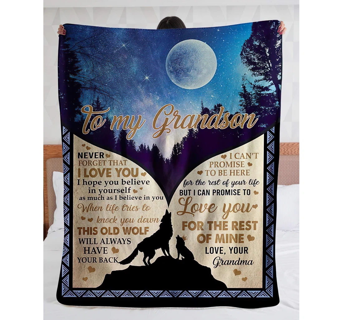 Throw Blanket, Quilt - Personalized To My Grandson From Grandma Customized Print Wolf Howling Full Queen Size Gifts Grandson Sherpa Fleece