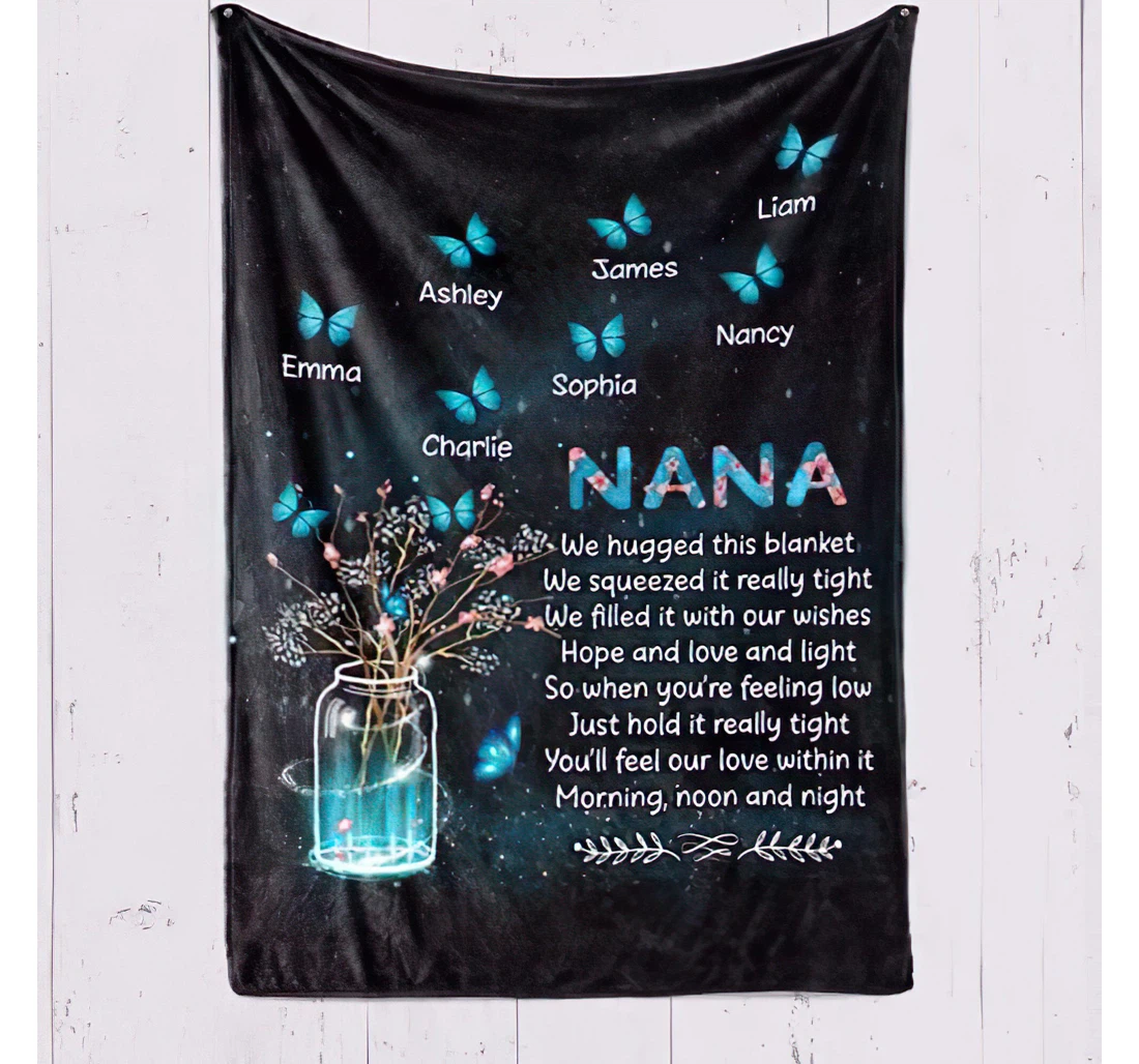 Throw Blanket, Quilt - Personalized To My Grandma Nana Butterfly Family From Grandkids Customized Blue Butterflies Vase Black Gifts Sherpa Fleece