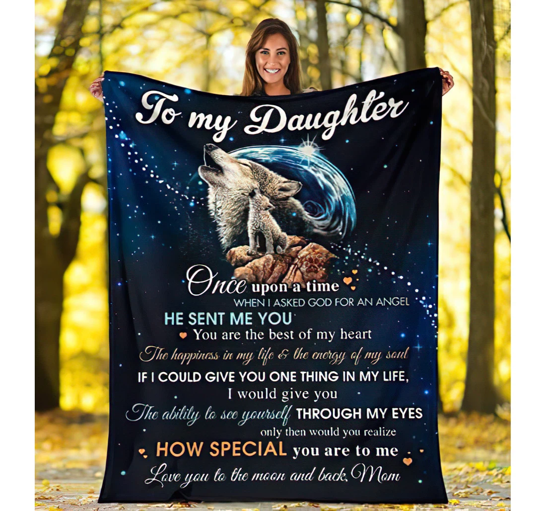 Throw Blanket, Quilt - Personalized To My Daughter Wolf From Mom Custom Name Print Mother And Baby Wolf Howling In The Galaxy Gifts Sherpa Fleece