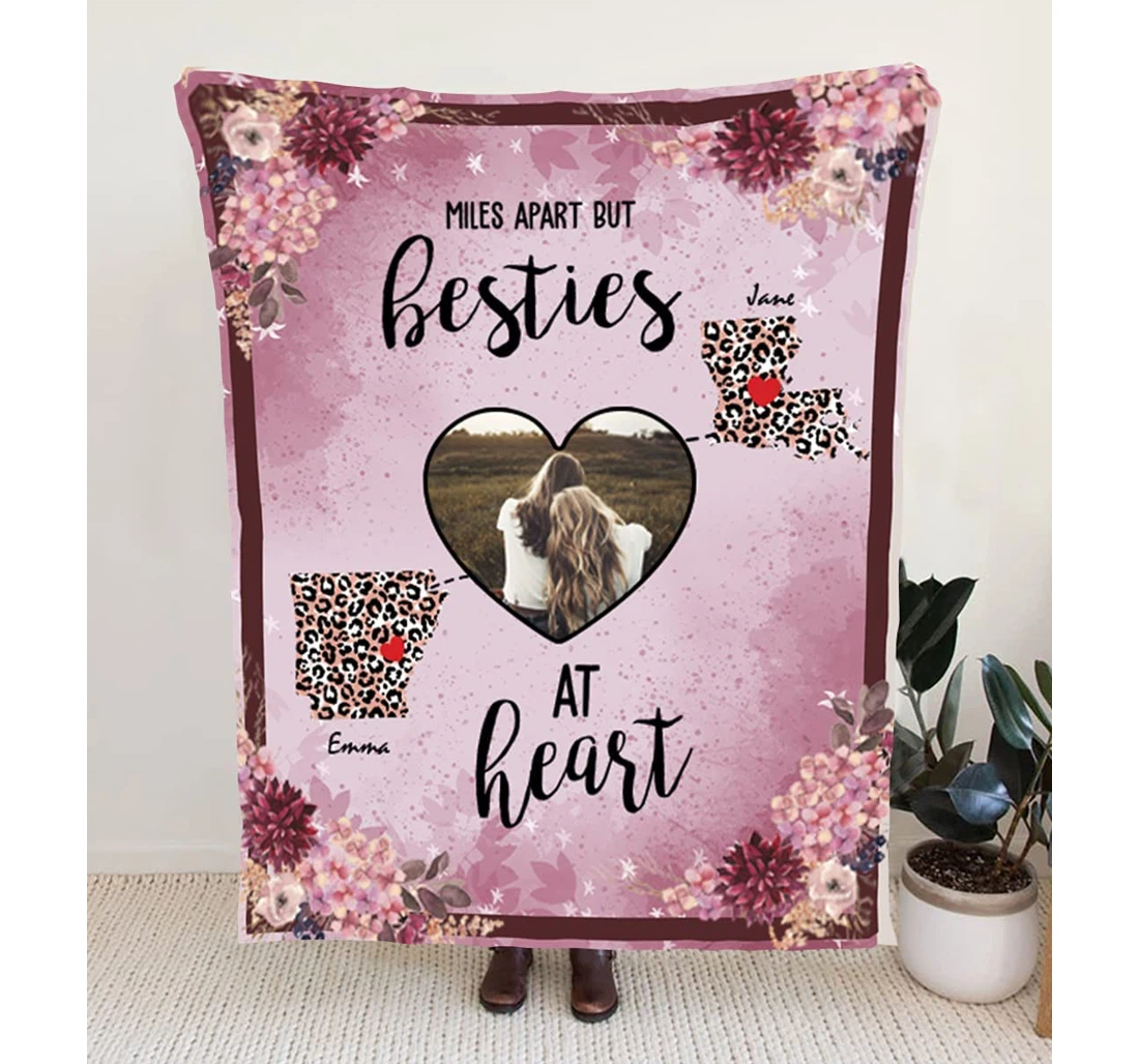 Throw Blanket, Quilt - Personalized State To State Bestie Sister Bff Custom Photo Map And Name Leopard Lovers Rustic Floral Gifts Xmas Sherpa Fleece