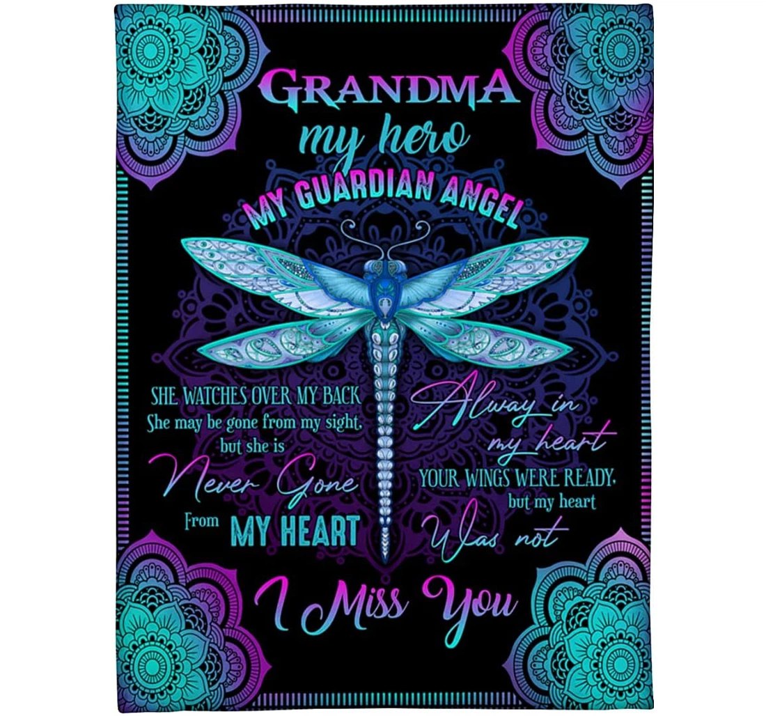 Throw Blanket, Quilt - Personalized Memorial To My Grandma From Grandkid Custom Name Beautiful Dragonfly Art Mandala Design Bedding Gifts Sherpa Fleece