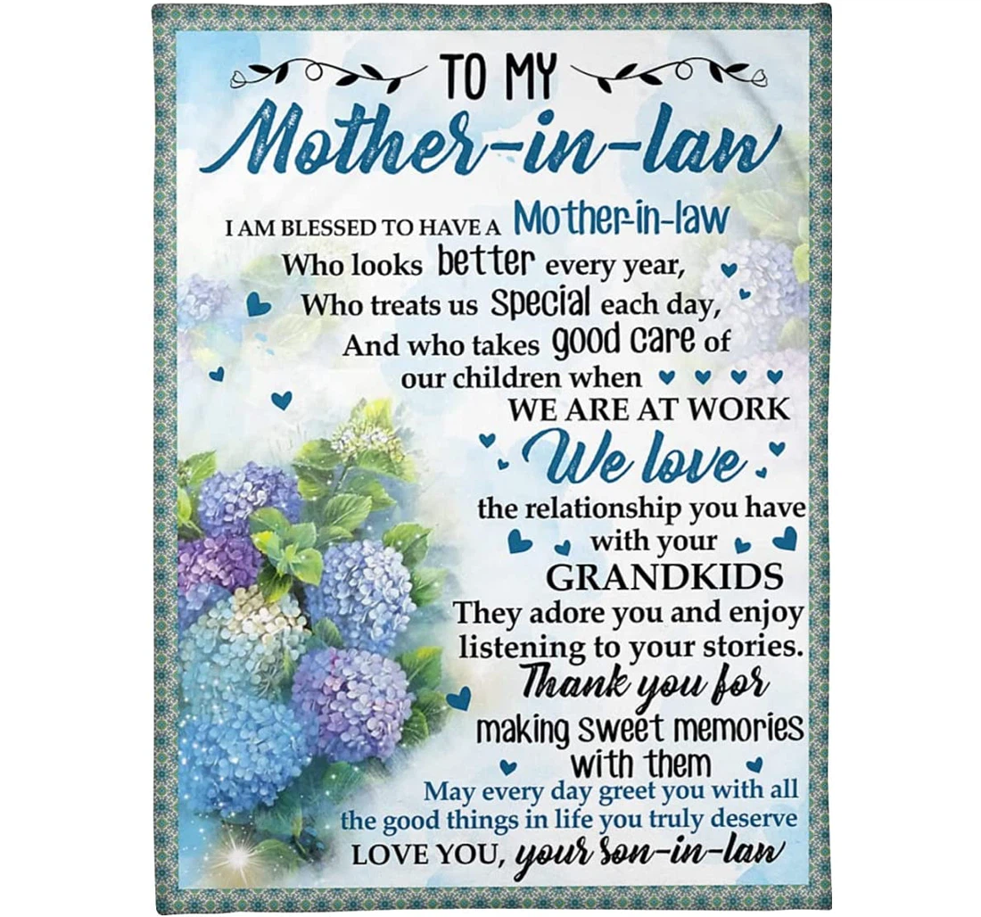 Throw Blanket, Quilt - Personalized Family To My Mother In Law From Son In Law Custom Name Beautiful Hydrangeas Flower Art Bedding Gifts Sherpa Fleece