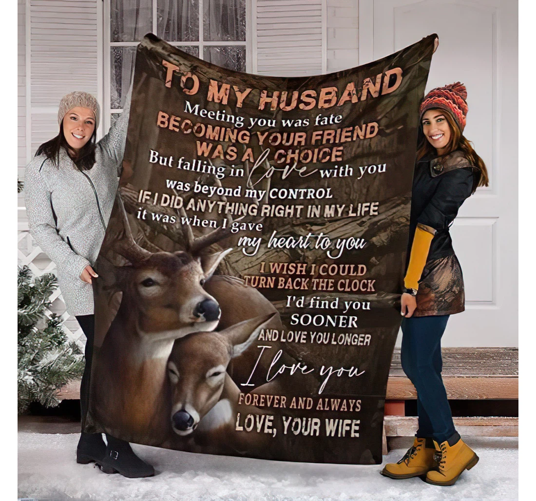 Throw Blanket, Quilt - Personalized To My Husband From Wife Custom Name Meeting You Was Fate Happiness Deer Couple Together In The Forest Bedding Gifts Valentines Xmas Sherpa Fleece