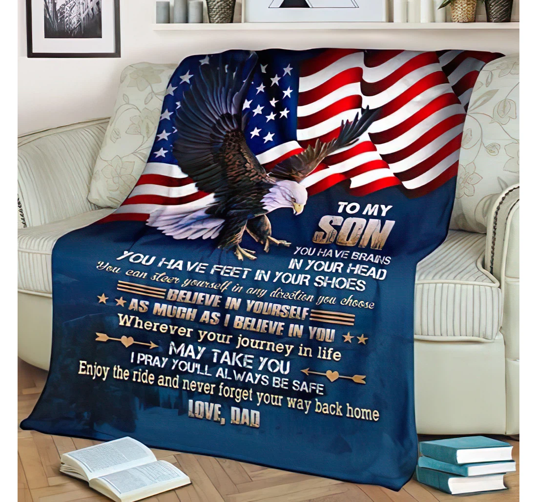 Throw Blanket, Quilt - Personalized Eagle Family To My Son From Dad Custom Name The Eagle Flies On The Background Of The American Flag Art Gifts Xmas Sherpa Fleece