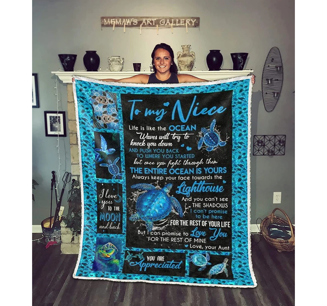 Throw Blanket, Quilt - Personalized To My Niece From Aunt Customized Print Blue Turtle Swimming Full Queen Size Gifts Niece Sherpa Fleece