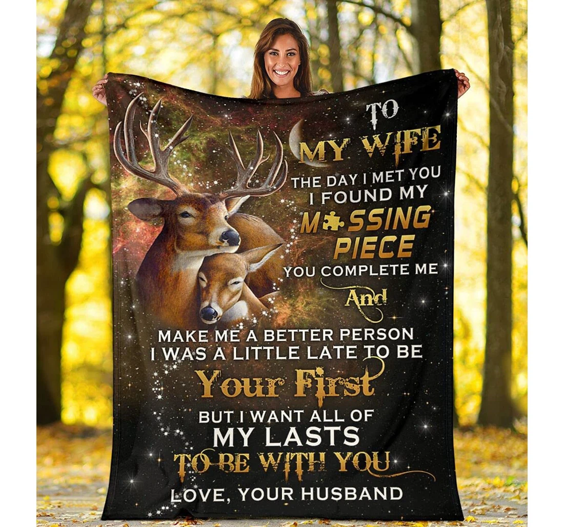 Throw Blanket, Quilt - Personalized Love To My Wife From Husband Custom Name The Day I Met You I Found My Missing Piece Happiness Deer Couple Gifts Xmas Sherpa Fleece