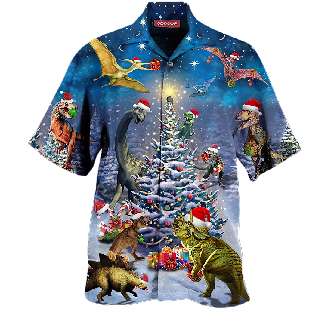 Personalized Christmas Dinosaur Family Reunion Hawaiian Shirt, Button Up Aloha Shirt For Men, Women