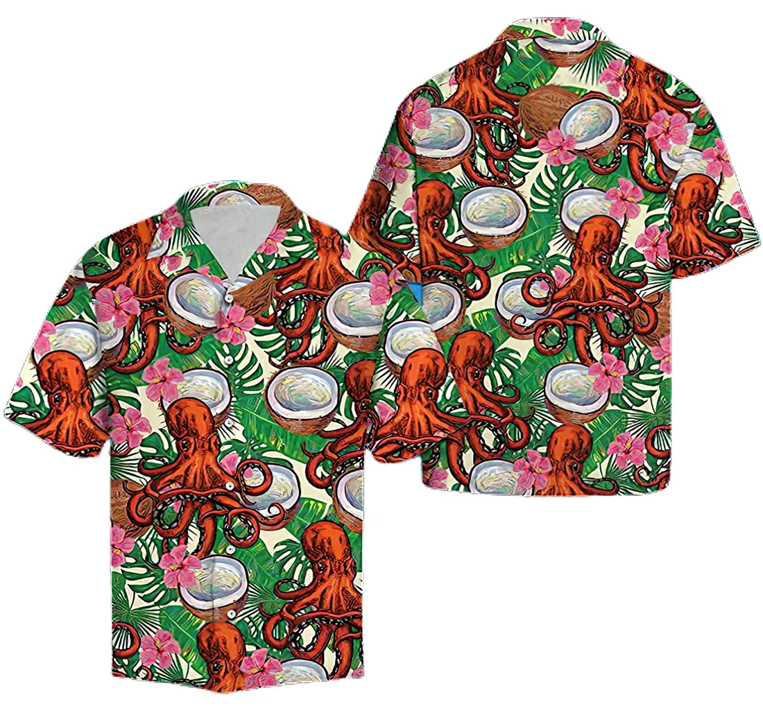 Personalized Octopus Coconut Hawaiian Shirt, Button Up Aloha Shirt For Men, Women
