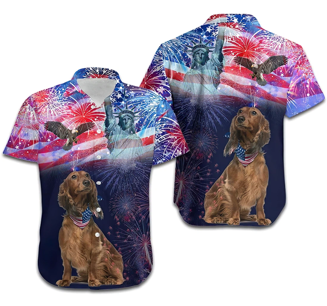 Personalized Dachshund Fireworks American Independence Day Full Hawaiian Shirt, Button Up Aloha Shirt For Men, Women