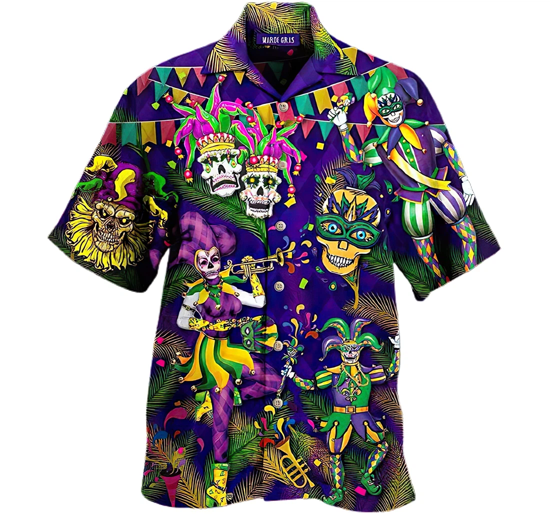 Personalized Clown Skull Happy Mardi Gras Hawaiian Shirt, Button Up Aloha Shirt For Men, Women