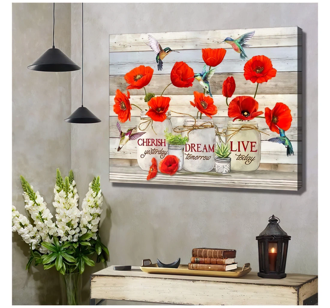 Poster, Canvas - Live Today Poppy Flowers Hummingbird Print Framed Wall Art