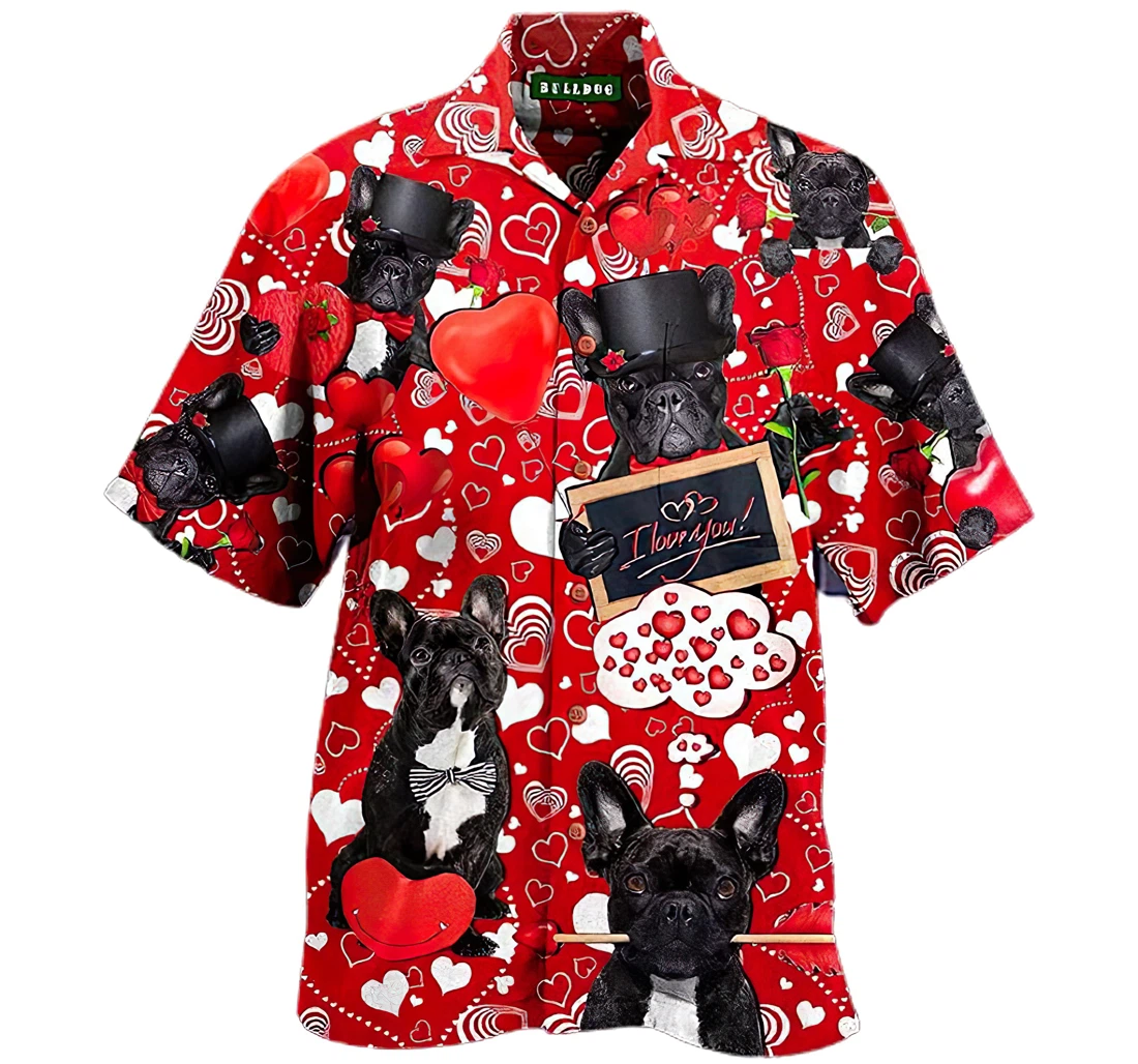 Happy Bulldog Valentine S Day Hawaiian Shirt, Button Up Aloha Shirt For Men, Women