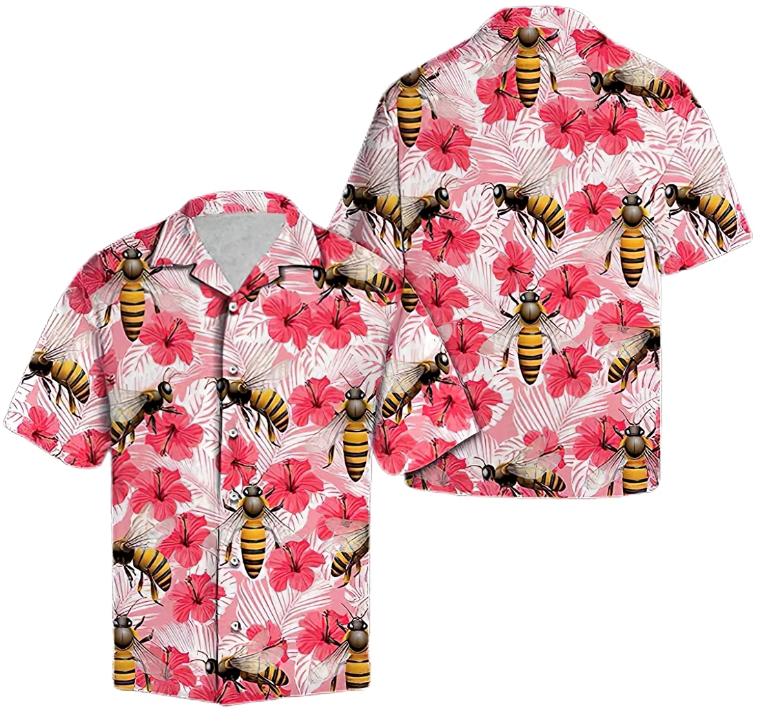 Personalized Bee Flowers Hibiscus Hawaiian Shirt, Button Up Aloha Shirt For Men, Women
