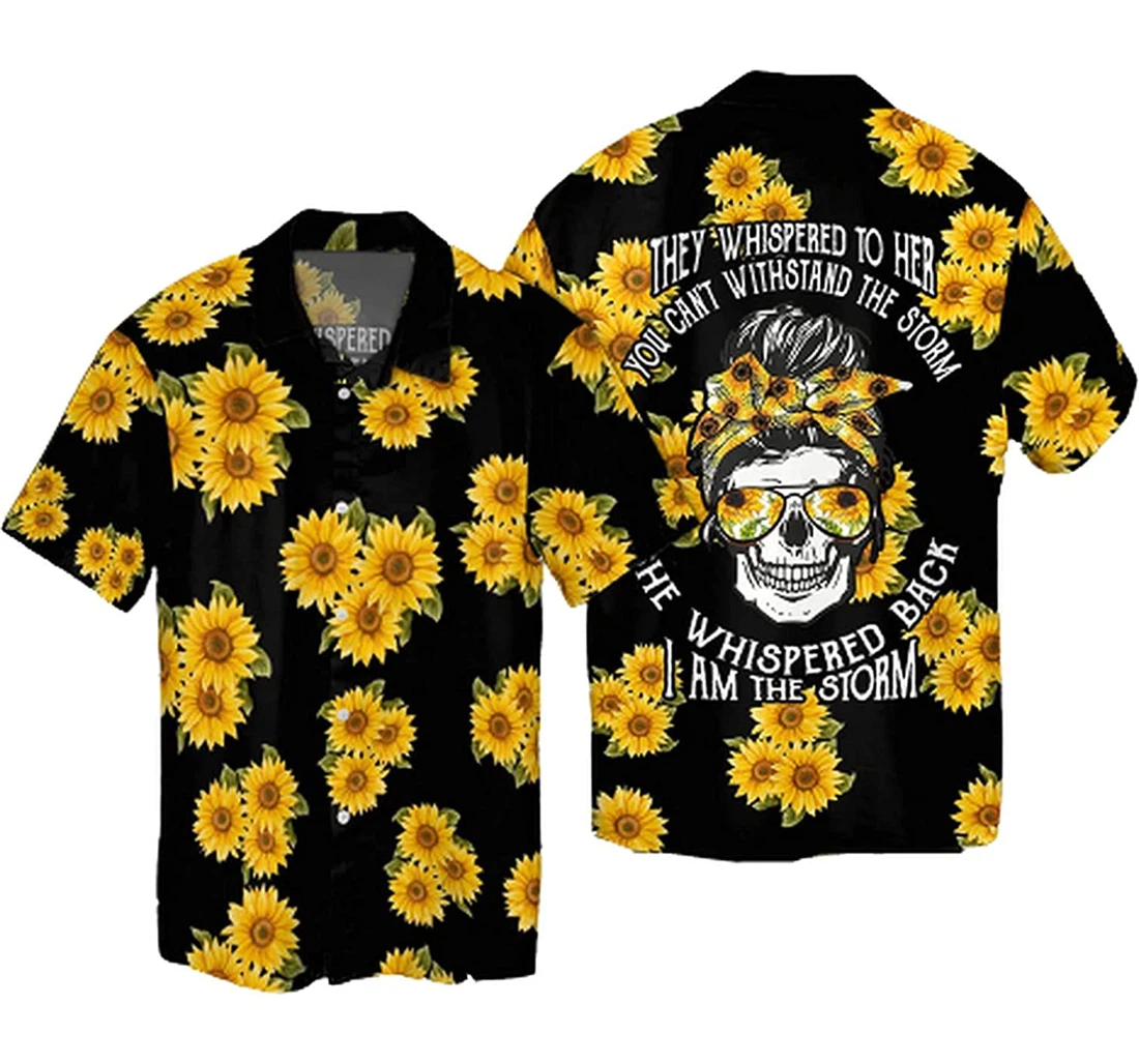 Personalized Sunflower Skull I Am The Storm Hawaii Soft Beach Full Prints Hawaiian Shirt, Button Up Aloha Shirt For Men, Women